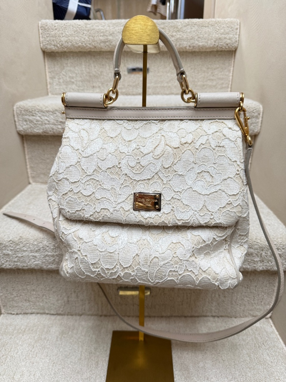 Dolce and Gabbana Sicily Handbag in cream lace fabric
